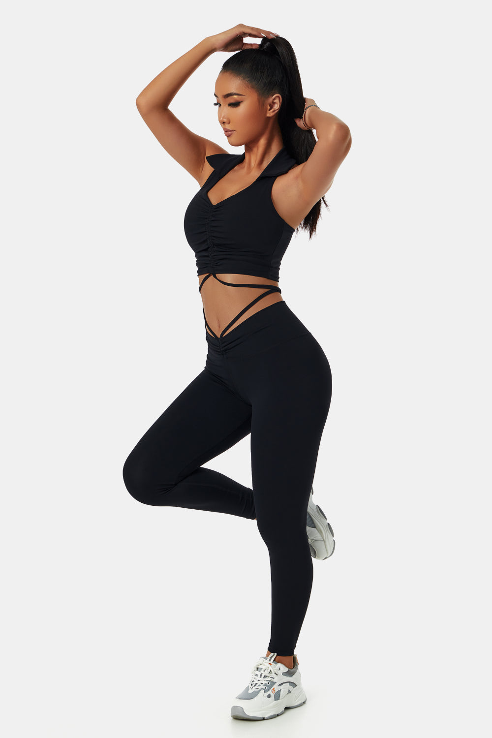 Collared Drawstring Detail Sports Bra and Leggings Set