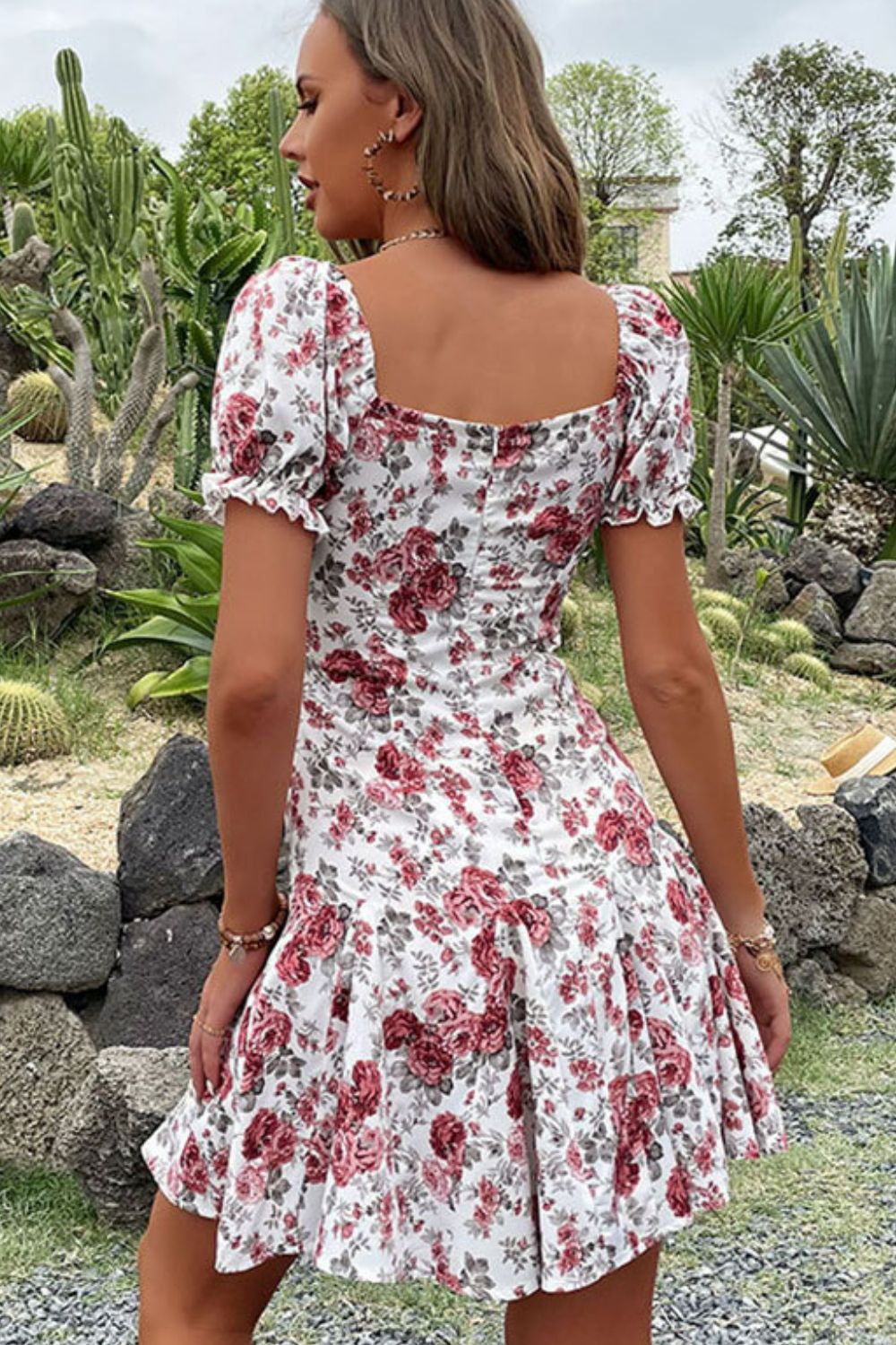 Floral Tie Front Frill Trim Pleated Dress