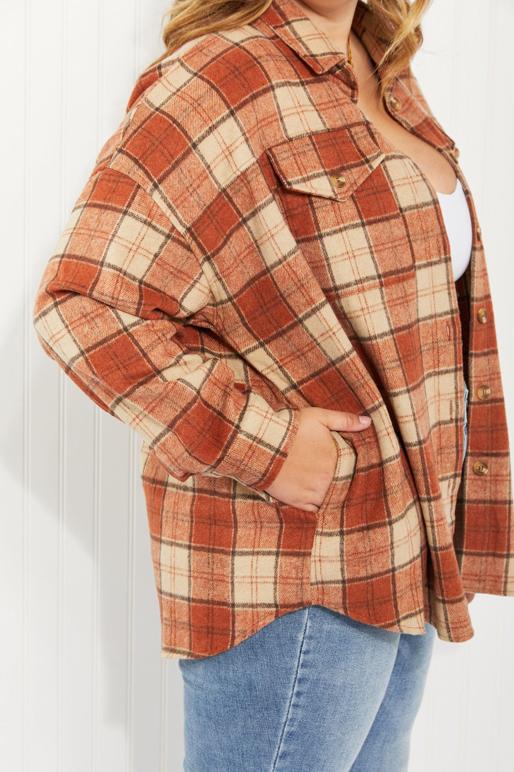 Haptics Pumpkin Pie Full Size Plaid Longline Shacket