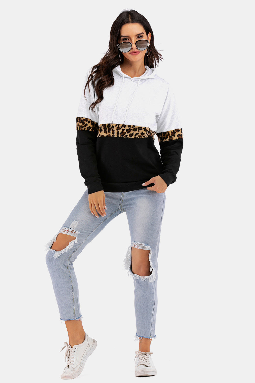 Color Block Leopard Print Drawstring Hoodie