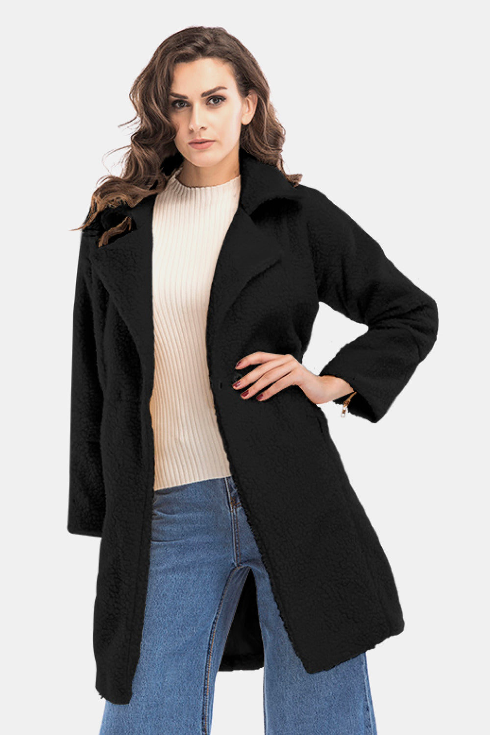 Lapel Collar Zipper Cuff Sherpa Coat