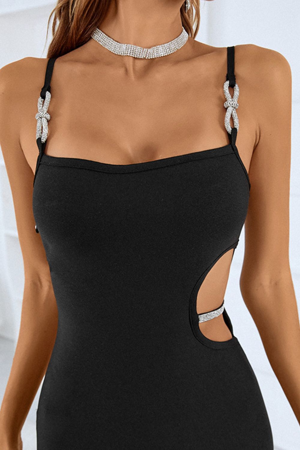 Rhinestone Spaghetti Strap Cutout Split Dress