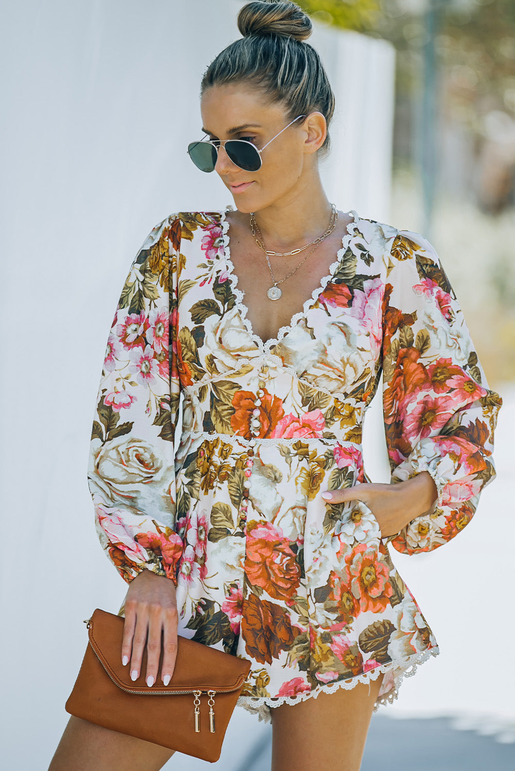 Floral Lace Trim V-Neck Balloon Sleeve Romper