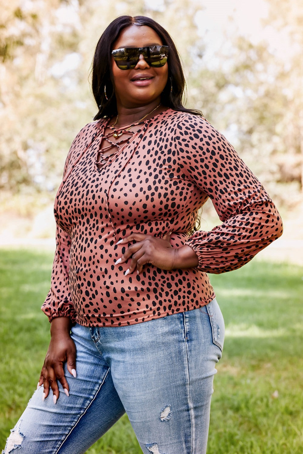 Sugarfox Wild Living Full Size Leopard Lace-Up Top
