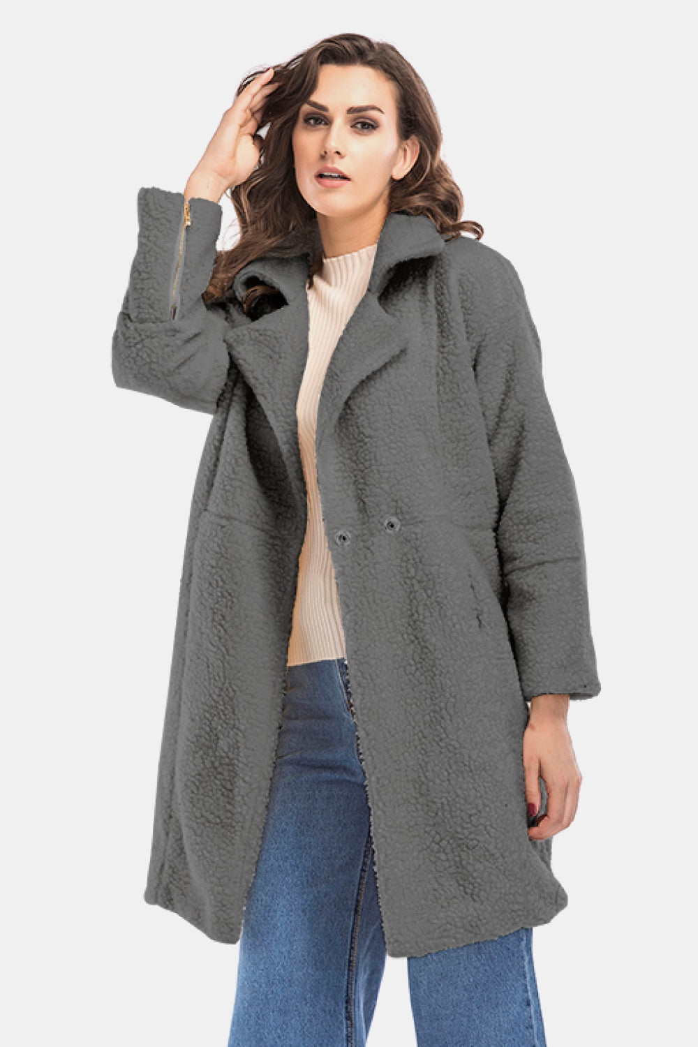 Lapel Collar Zipper Cuff Sherpa Coat