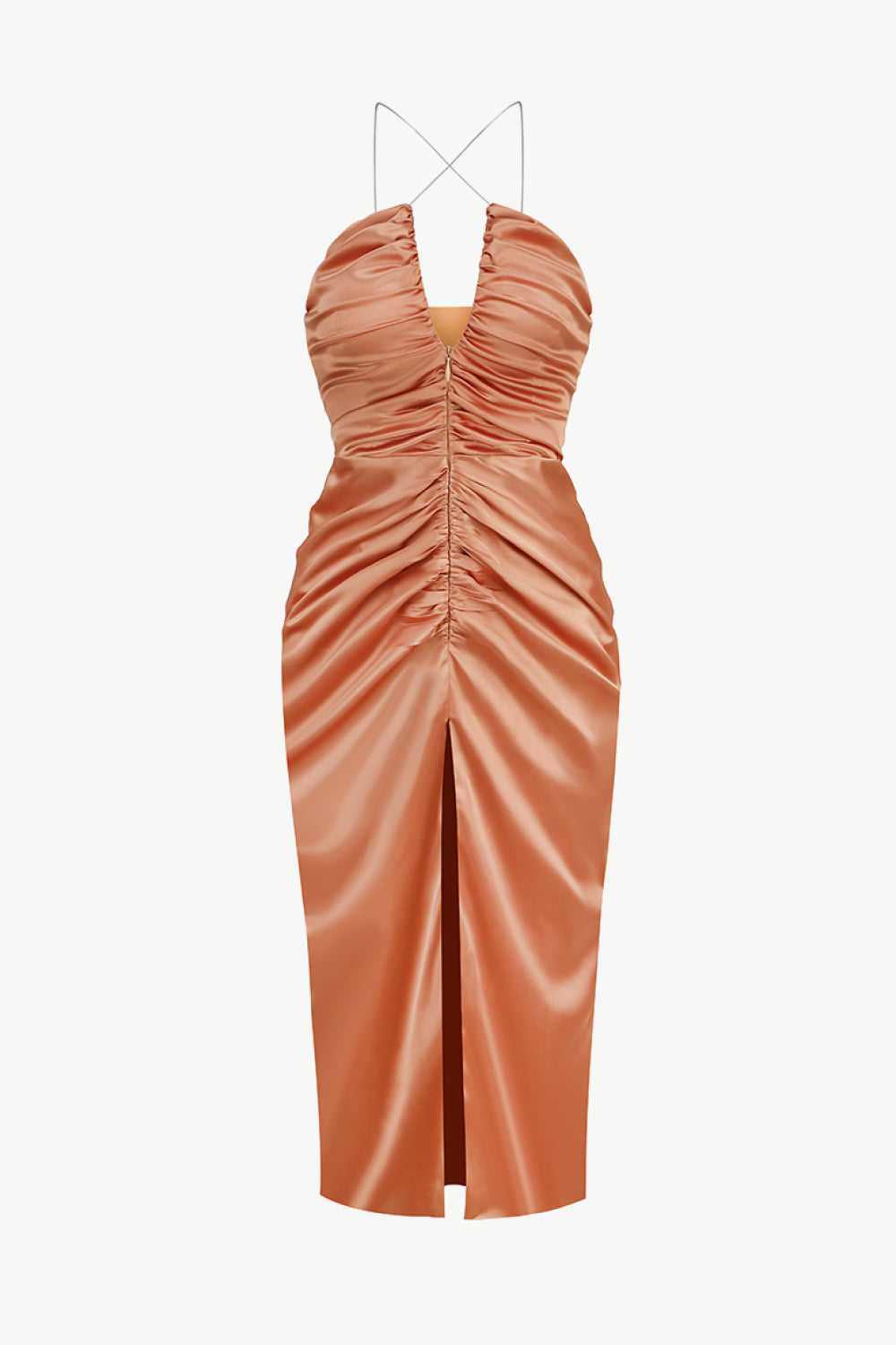 Ruched Zip Detail Spaghetti Strap Split Dress