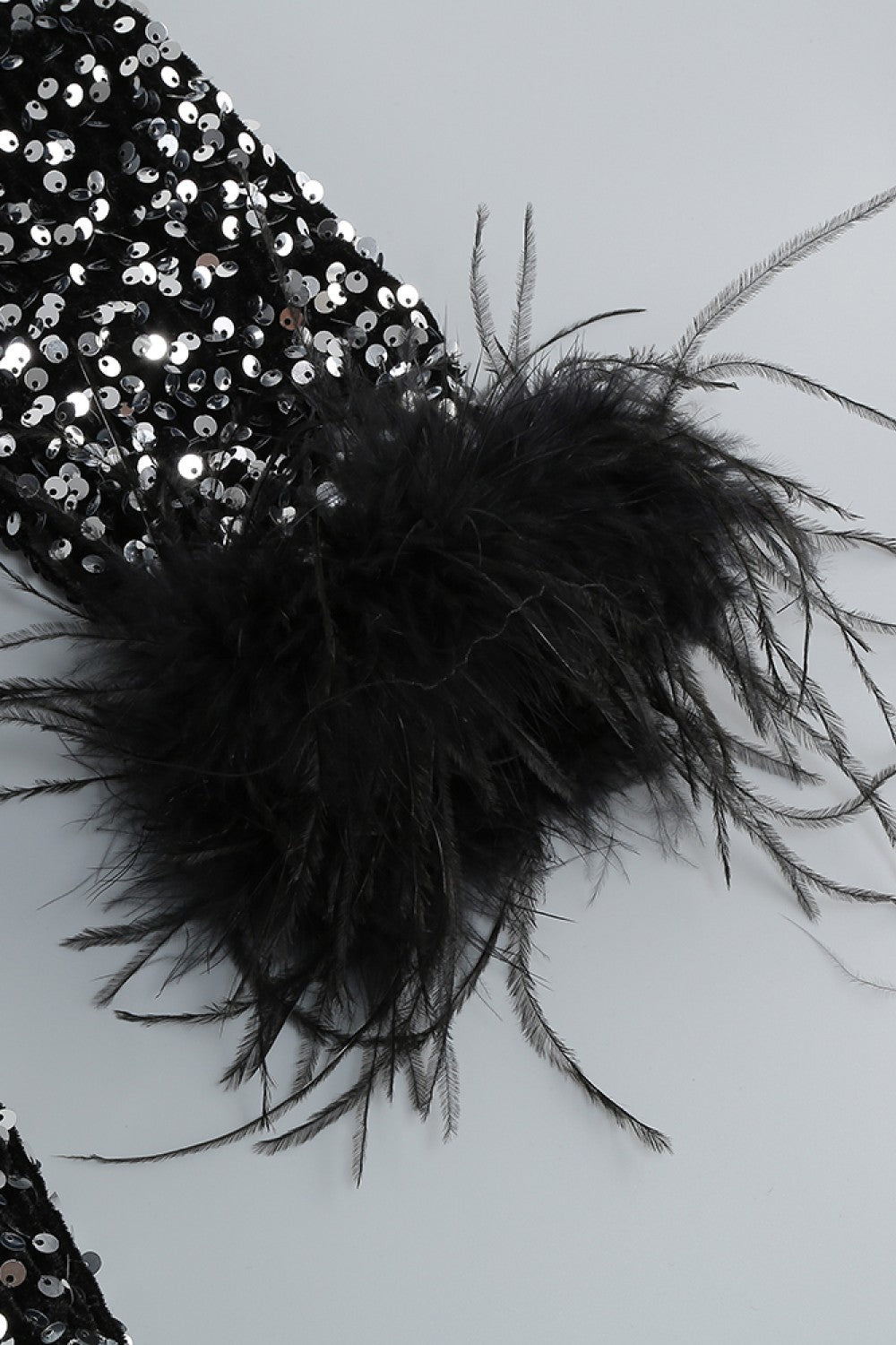 Sequin Round Neck Feather Trim Slit Dress