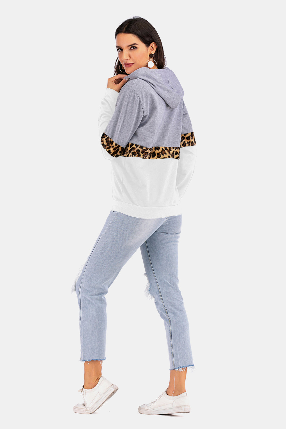 Color Block Leopard Print Drawstring Hoodie