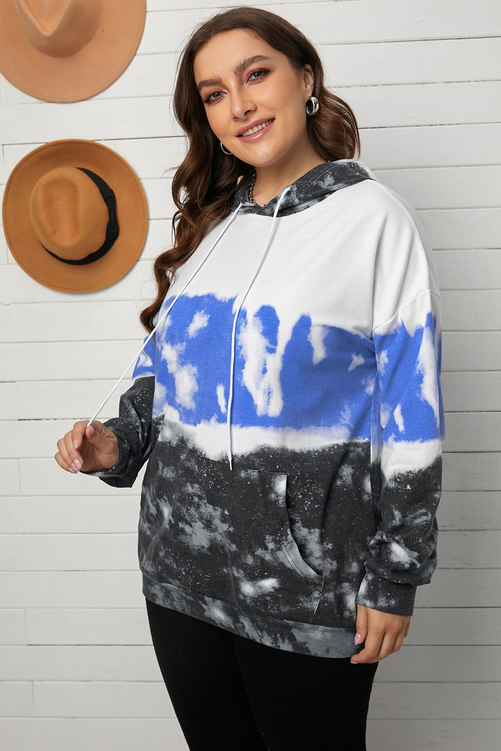 Plus Size Tie-Dye Color Block Tunic Hoodie with Kangaroo Pocket