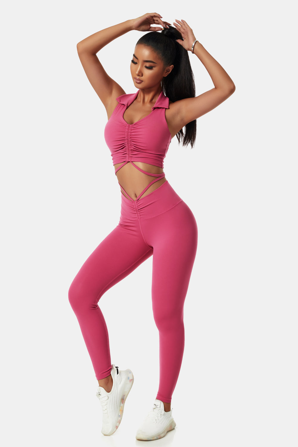 Collared Drawstring Detail Sports Bra and Leggings Set