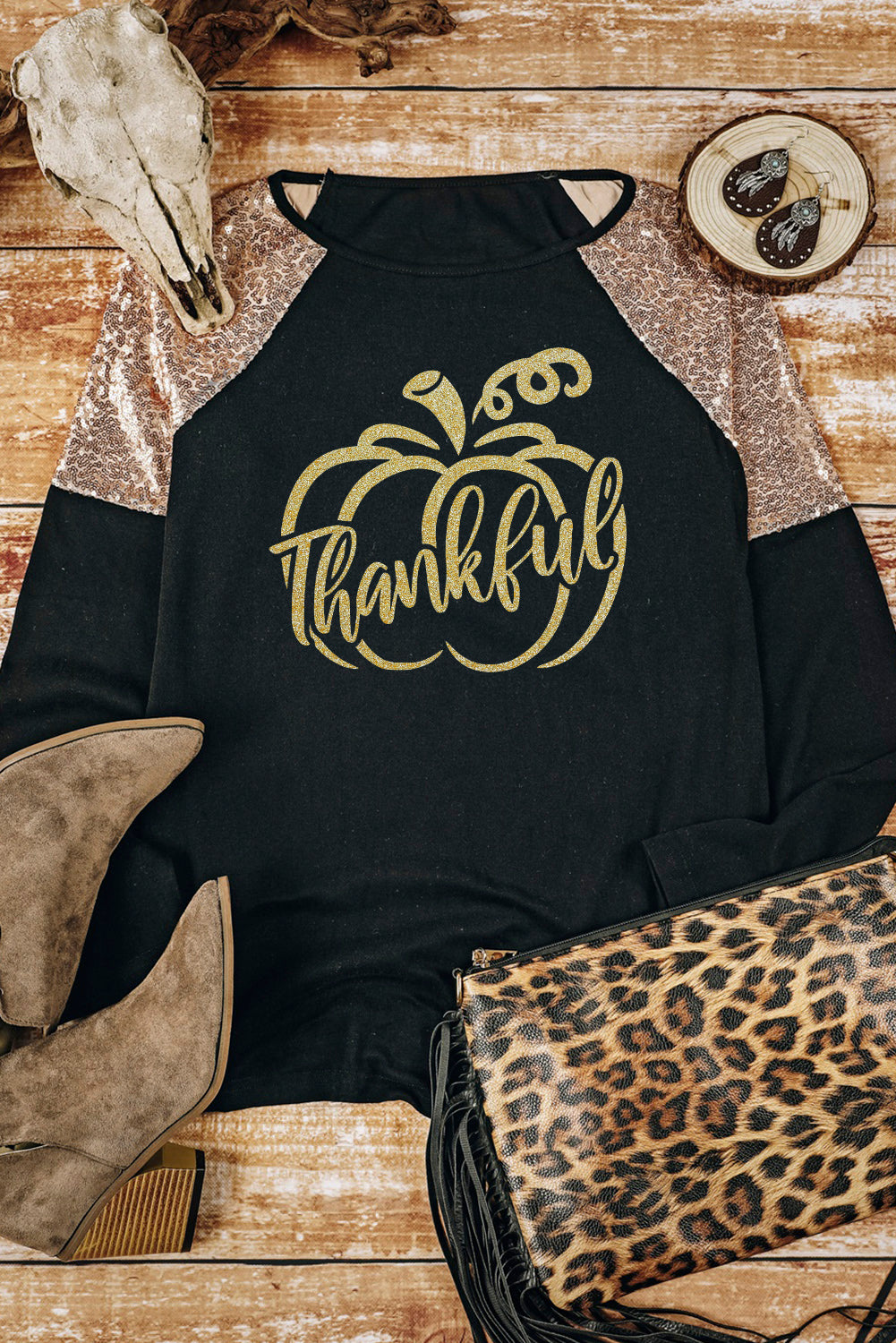 THANKFUL Graphic Sequin Long Sleeve Top