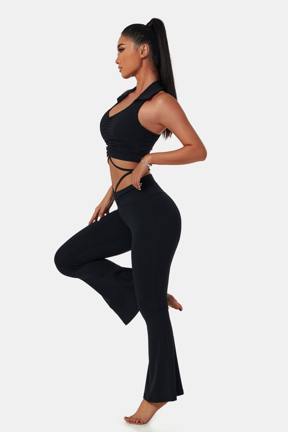 Collared Sports Bra and Flare Yoga Pants Set