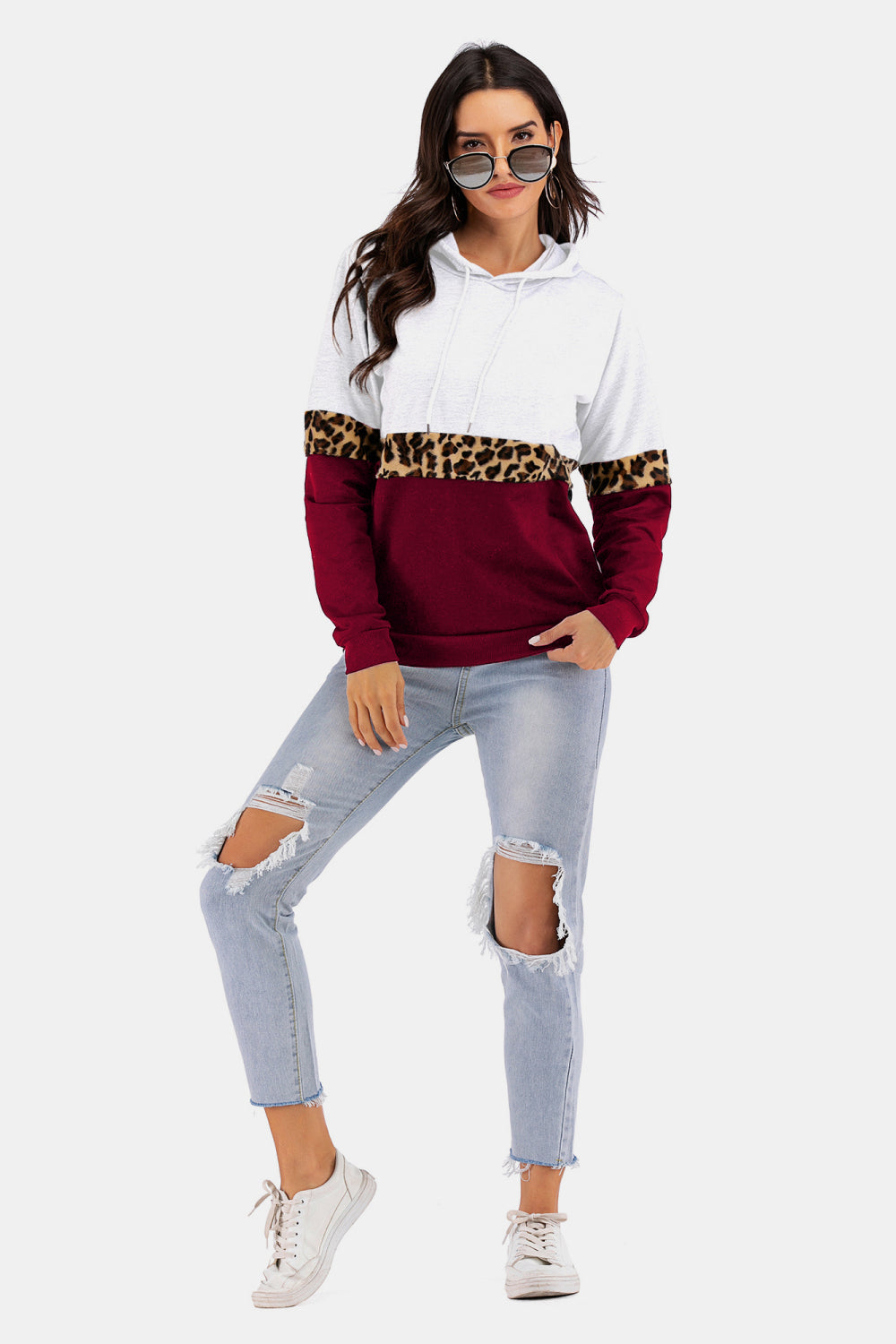 Color Block Leopard Print Drawstring Hoodie