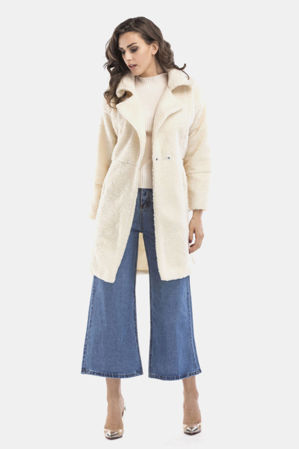 Lapel Collar Zipper Cuff Sherpa Coat