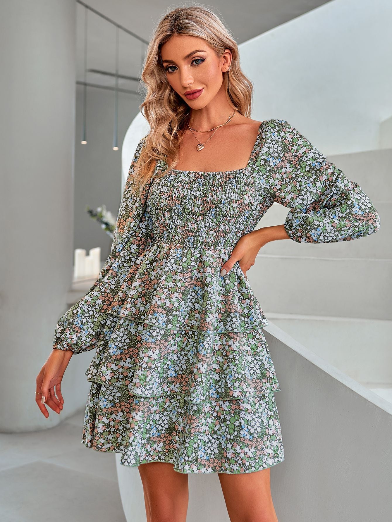 Floral Square Neck Smocked Layered Dress