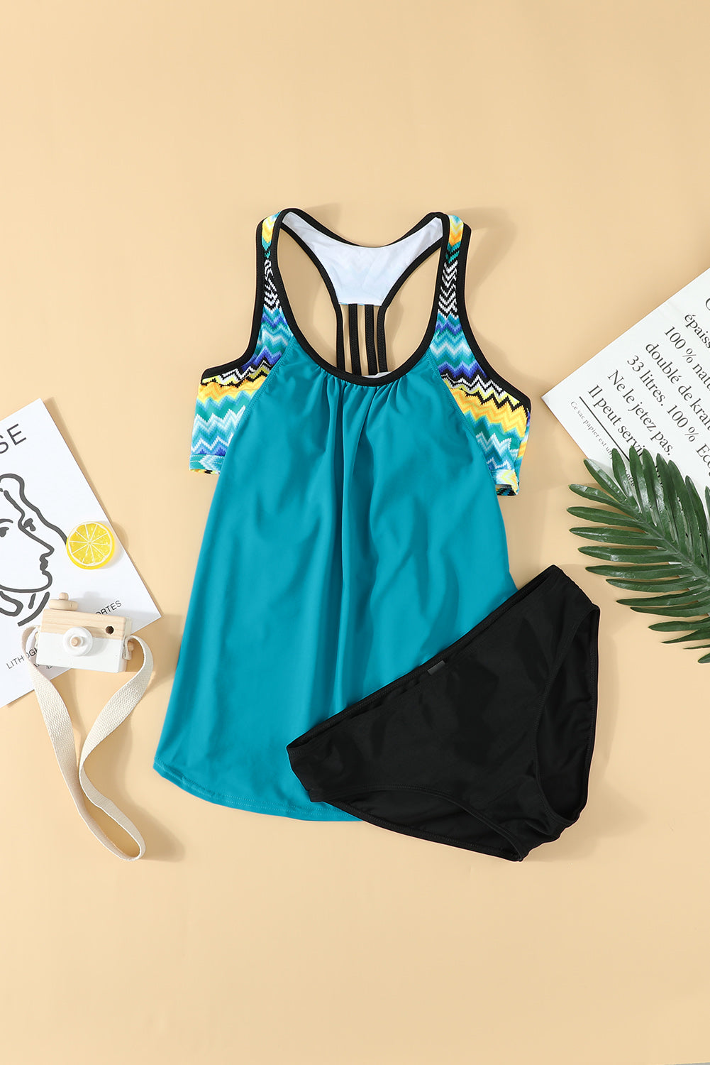Chevron Stripe Spliced Tankini Swimsuit