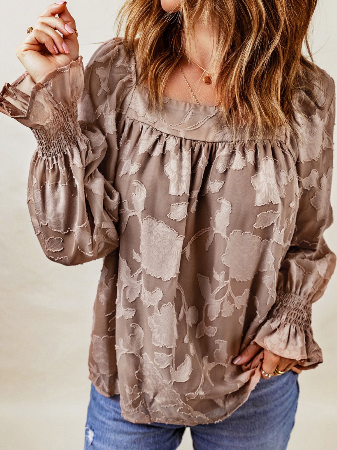 Applique Square Neck Flounce Sleeve Blouse