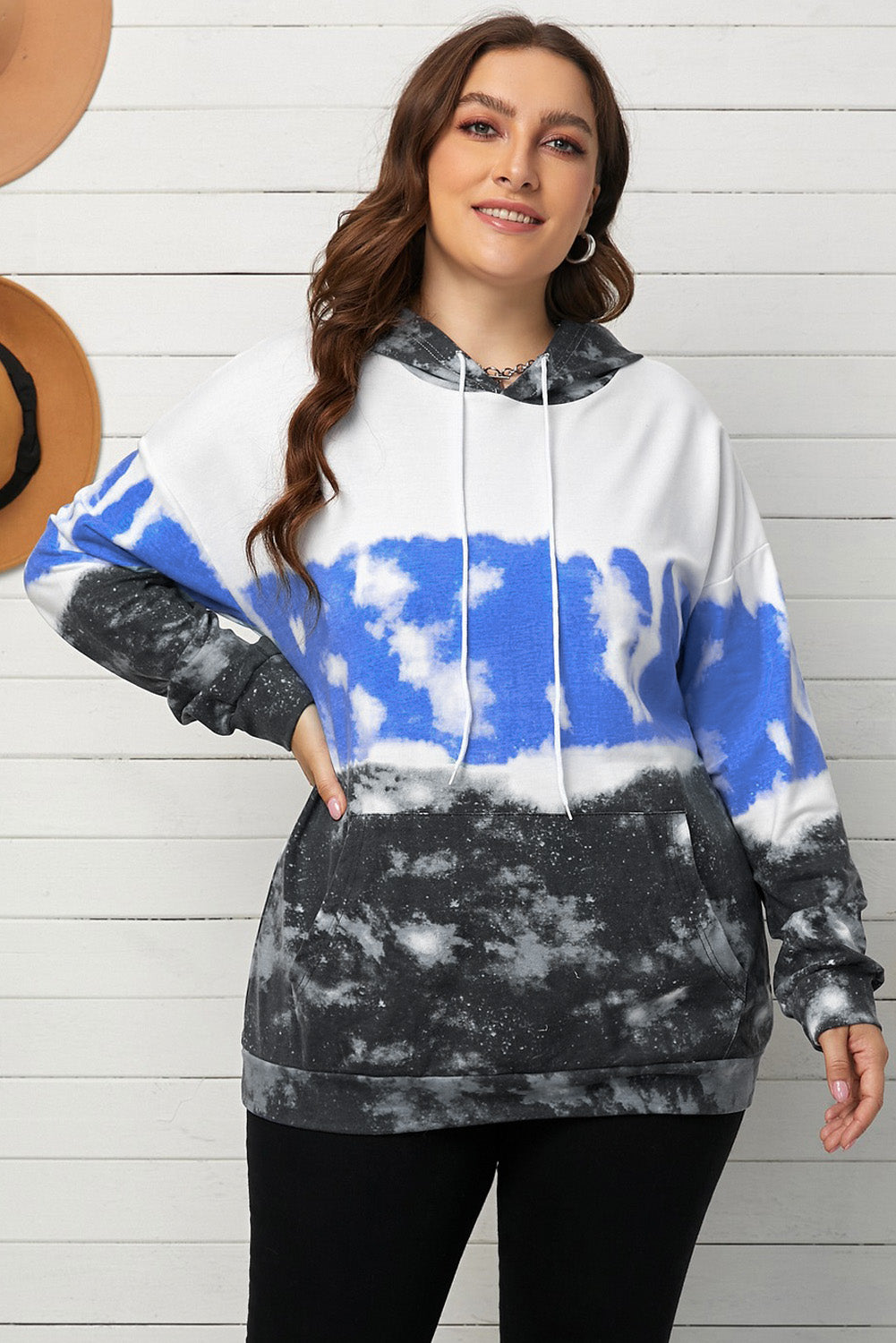 Plus Size Tie-Dye Color Block Tunic Hoodie with Kangaroo Pocket