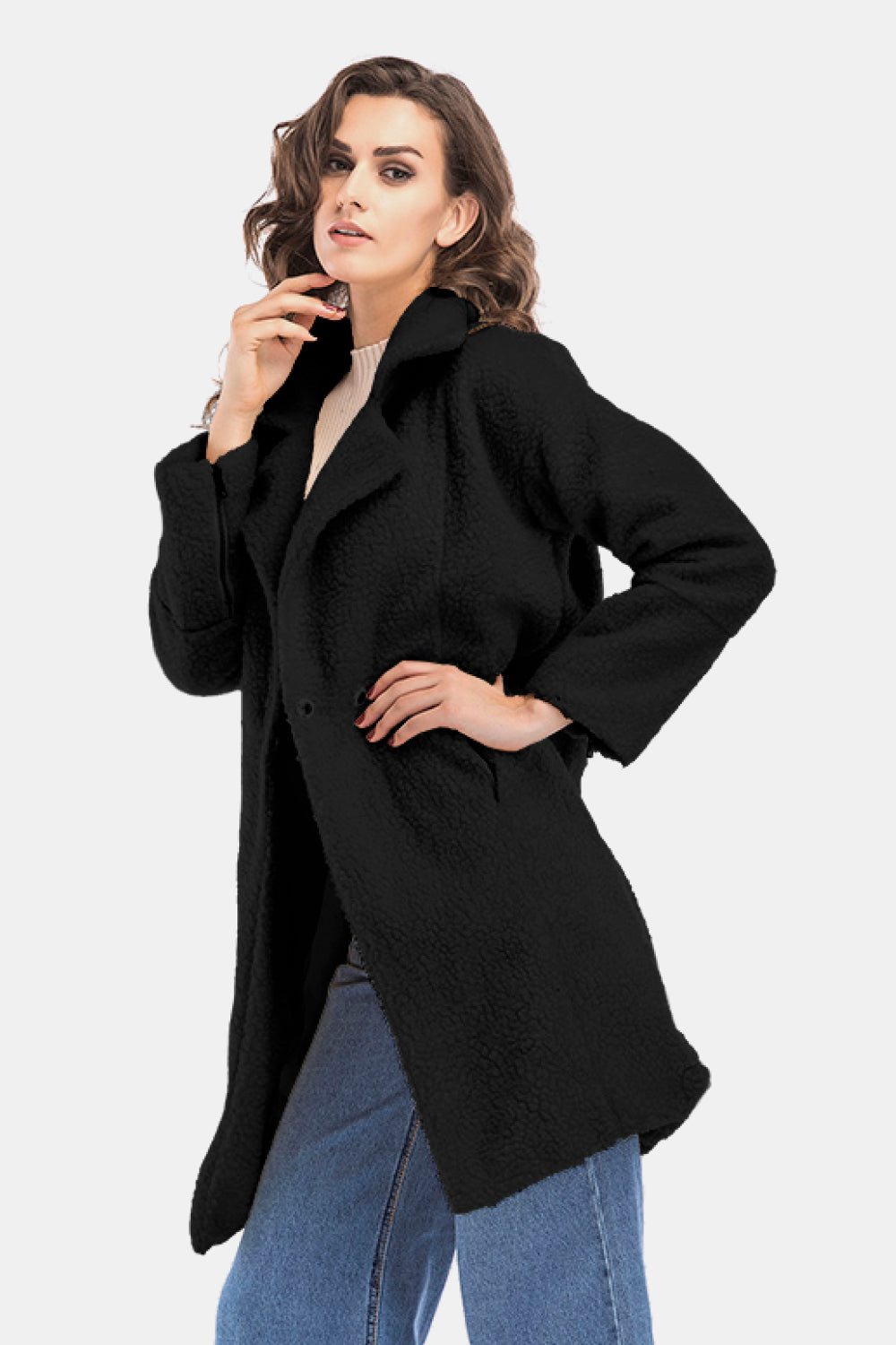 Lapel Collar Zipper Cuff Sherpa Coat