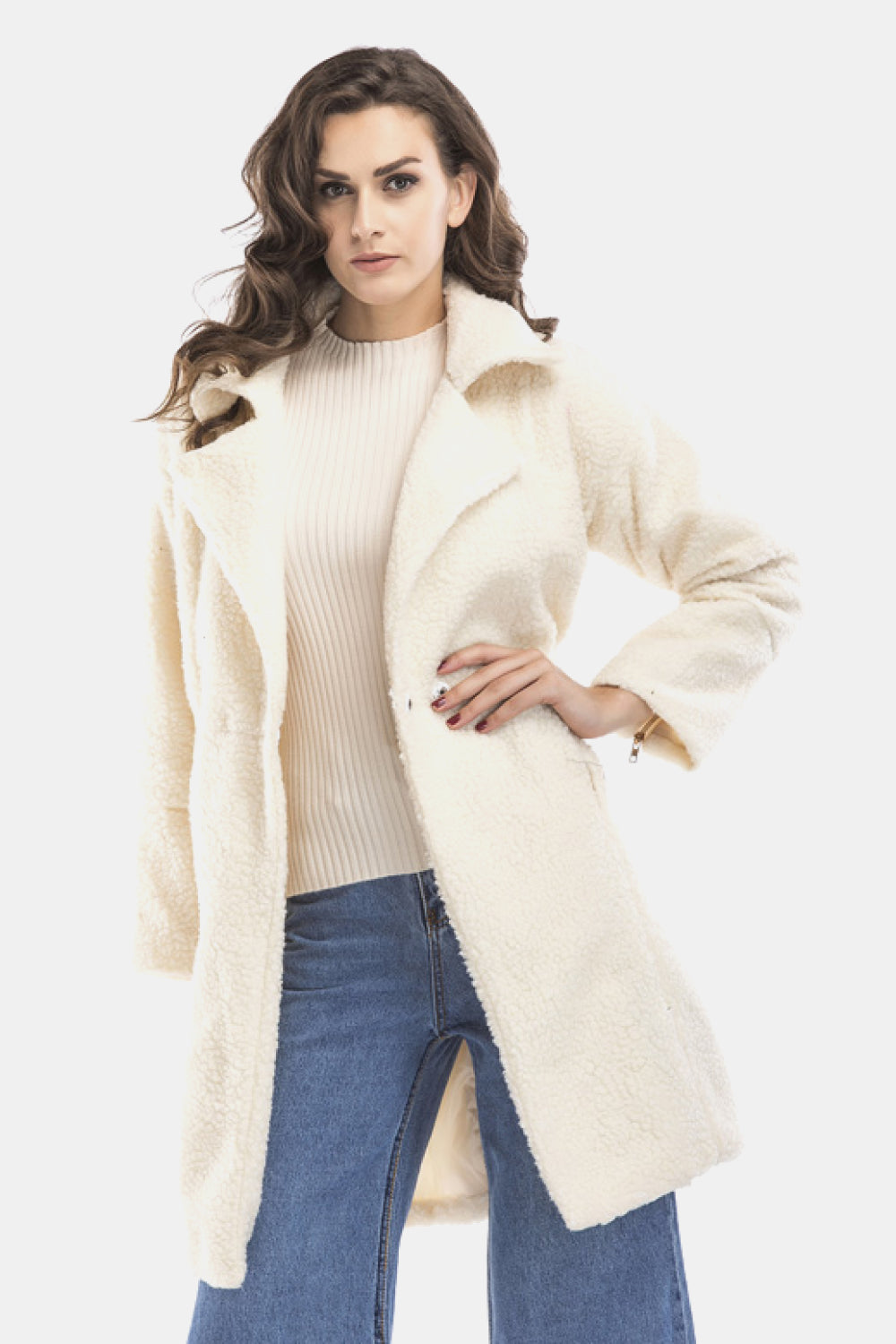 Lapel Collar Zipper Cuff Sherpa Coat