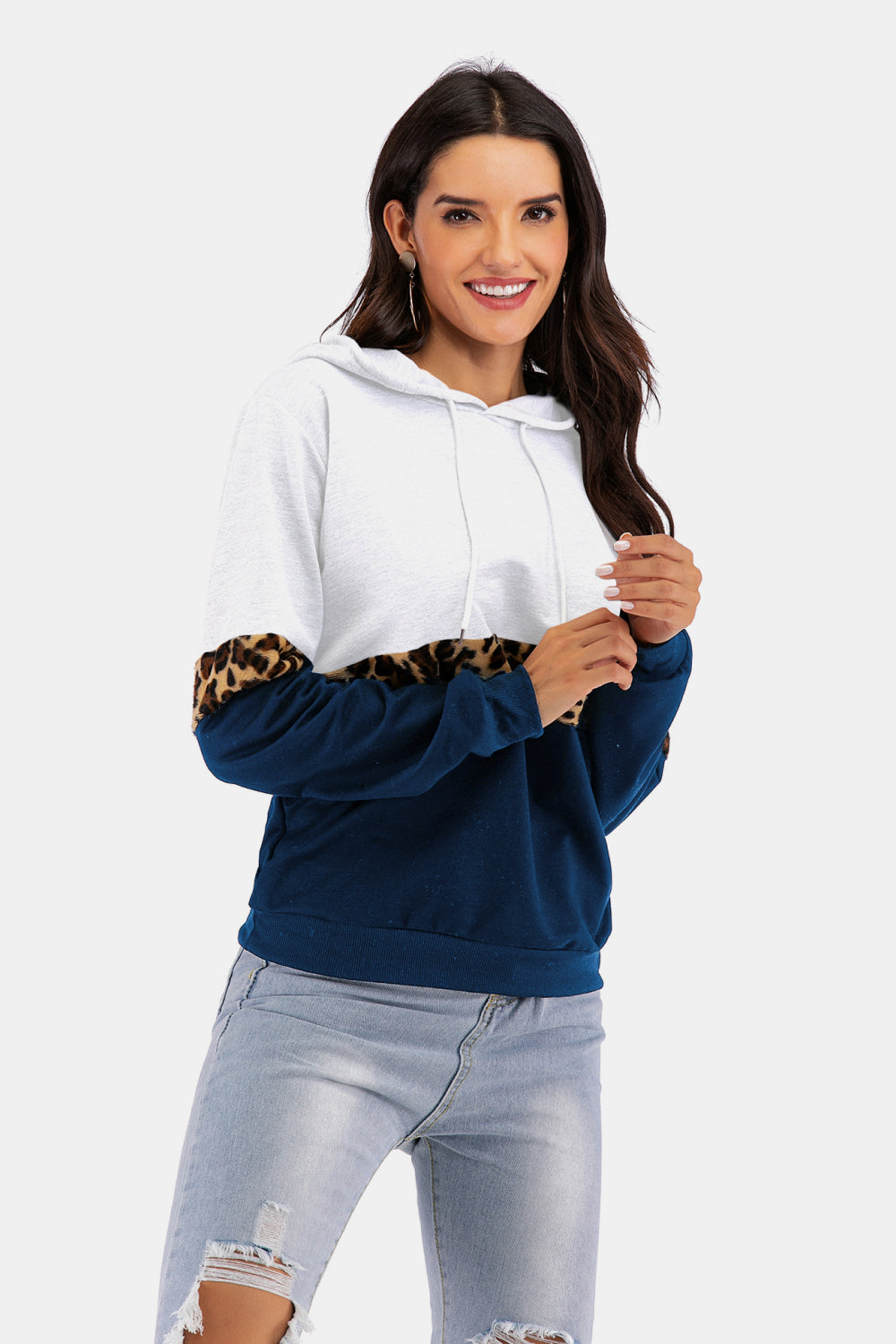 Color Block Leopard Print Drawstring Hoodie