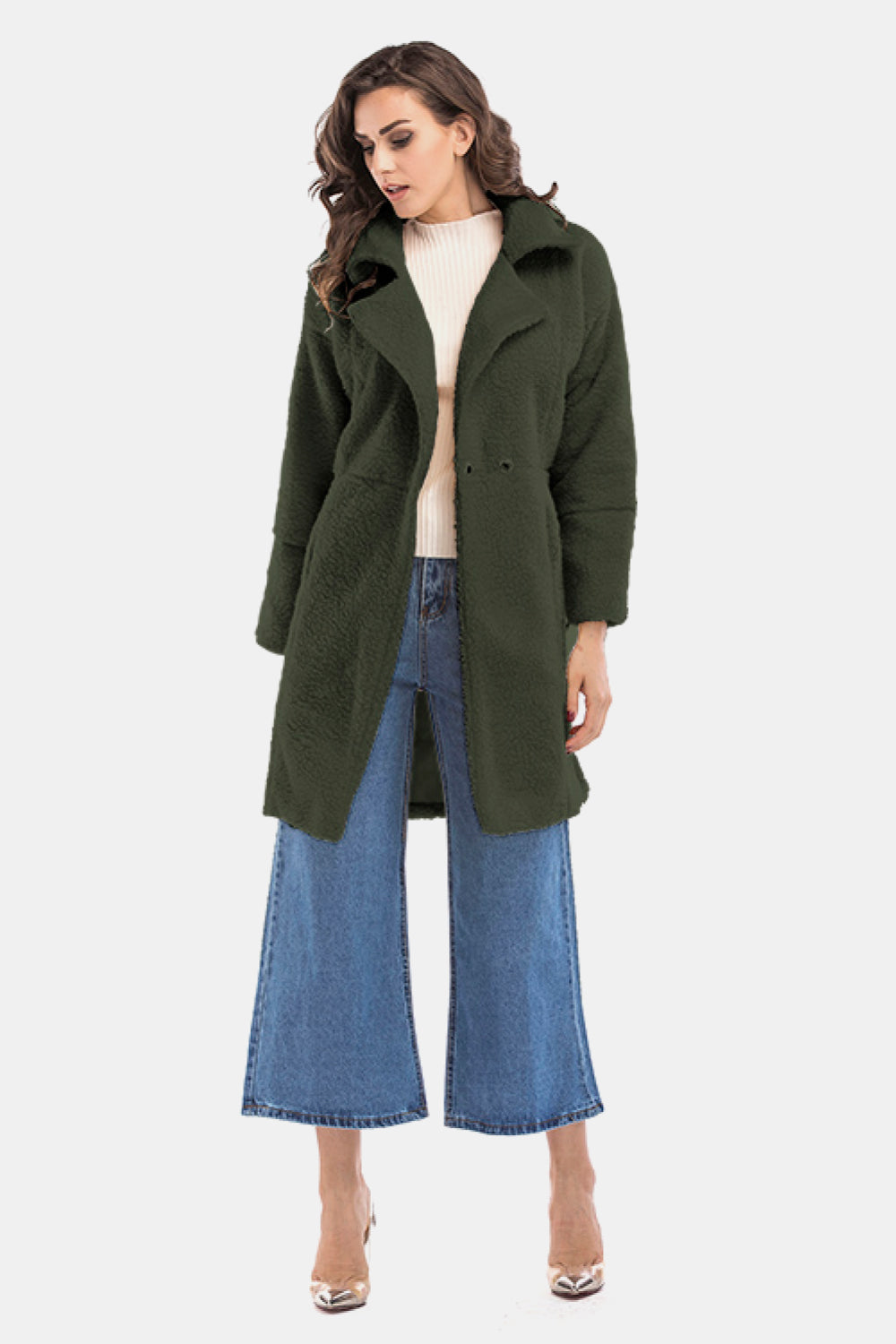 Lapel Collar Zipper Cuff Sherpa Coat