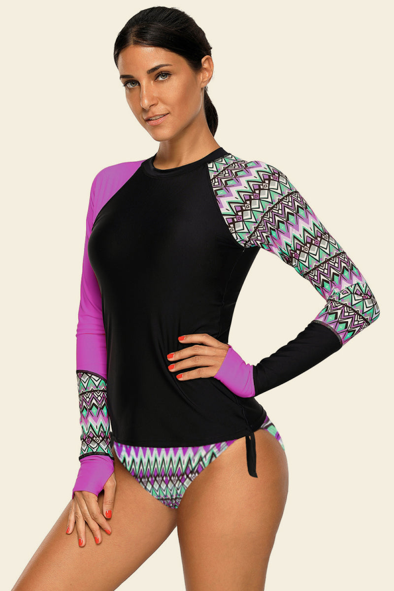 Contrast Detail Long Sleeve Tankini Set
