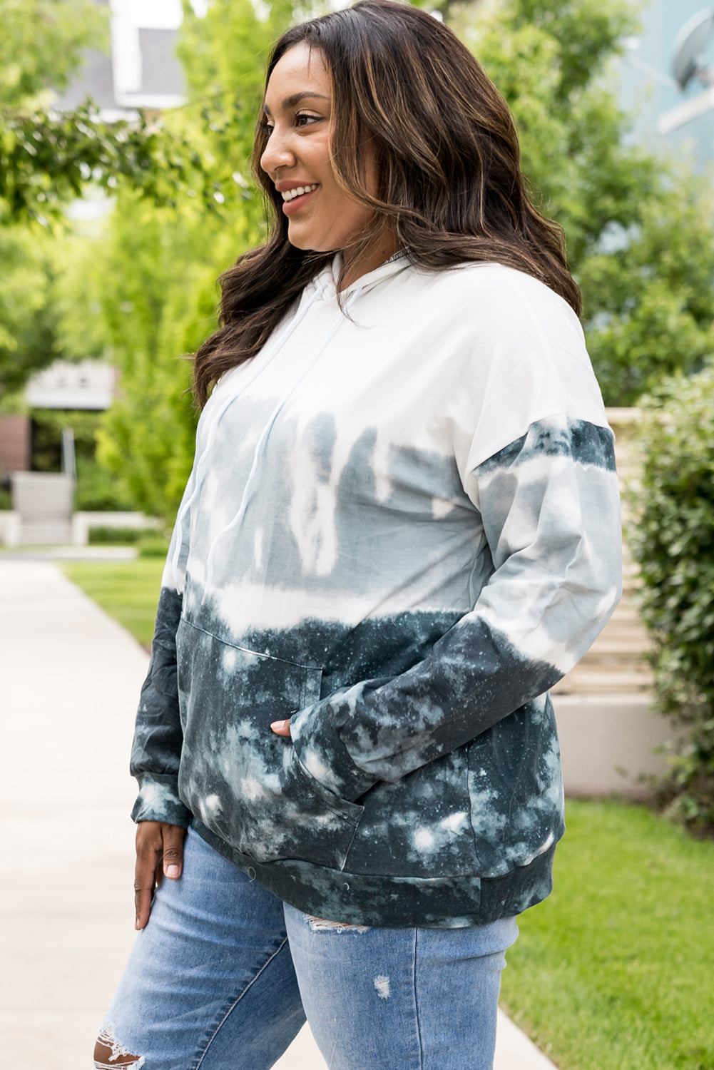 Plus Size Tie-Dye Color Block Tunic Hoodie with Kangaroo Pocket