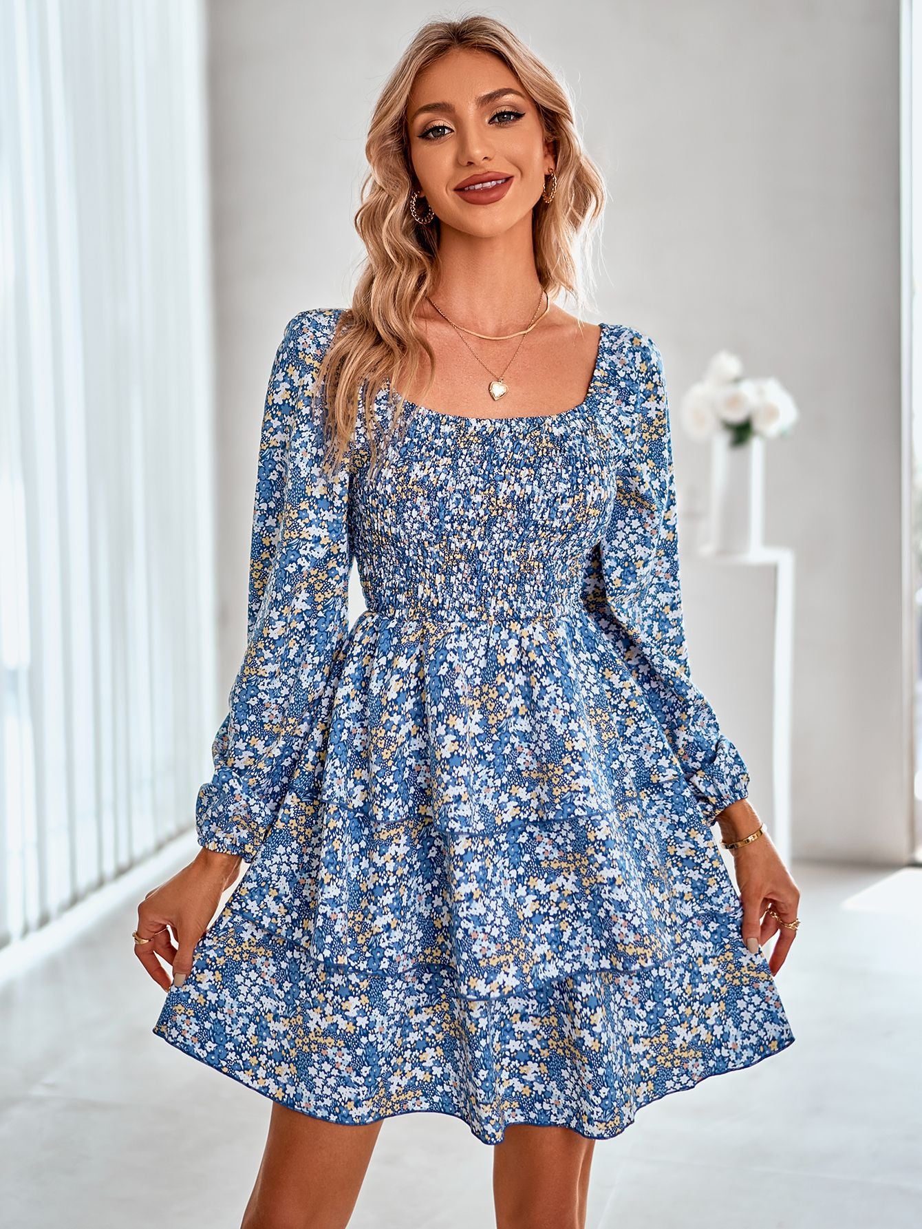 Floral Square Neck Smocked Layered Dress
