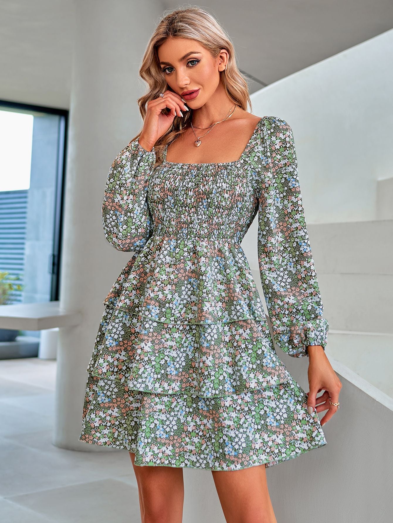 Floral Square Neck Smocked Layered Dress