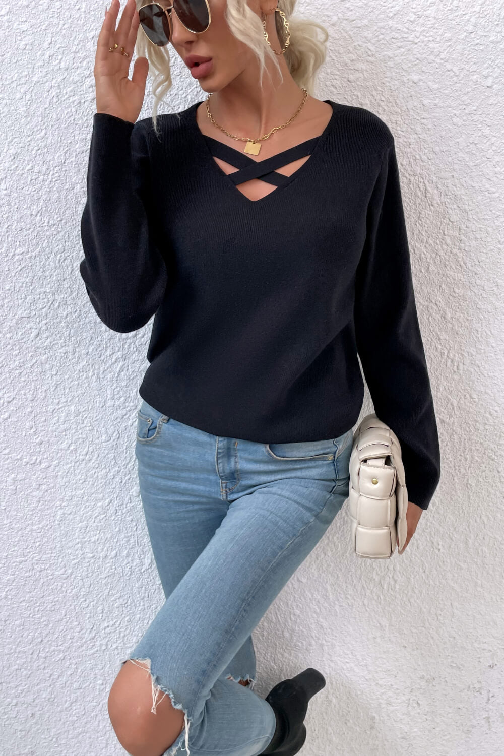 Crisscross V-Neck Knit Top