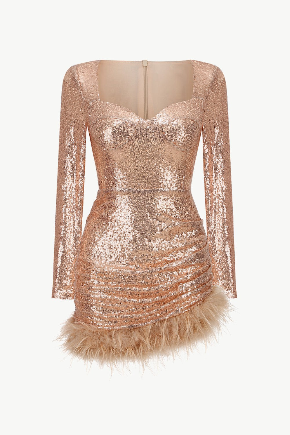 Sequin Sweetheart Neck Feather Hem Mini Dress