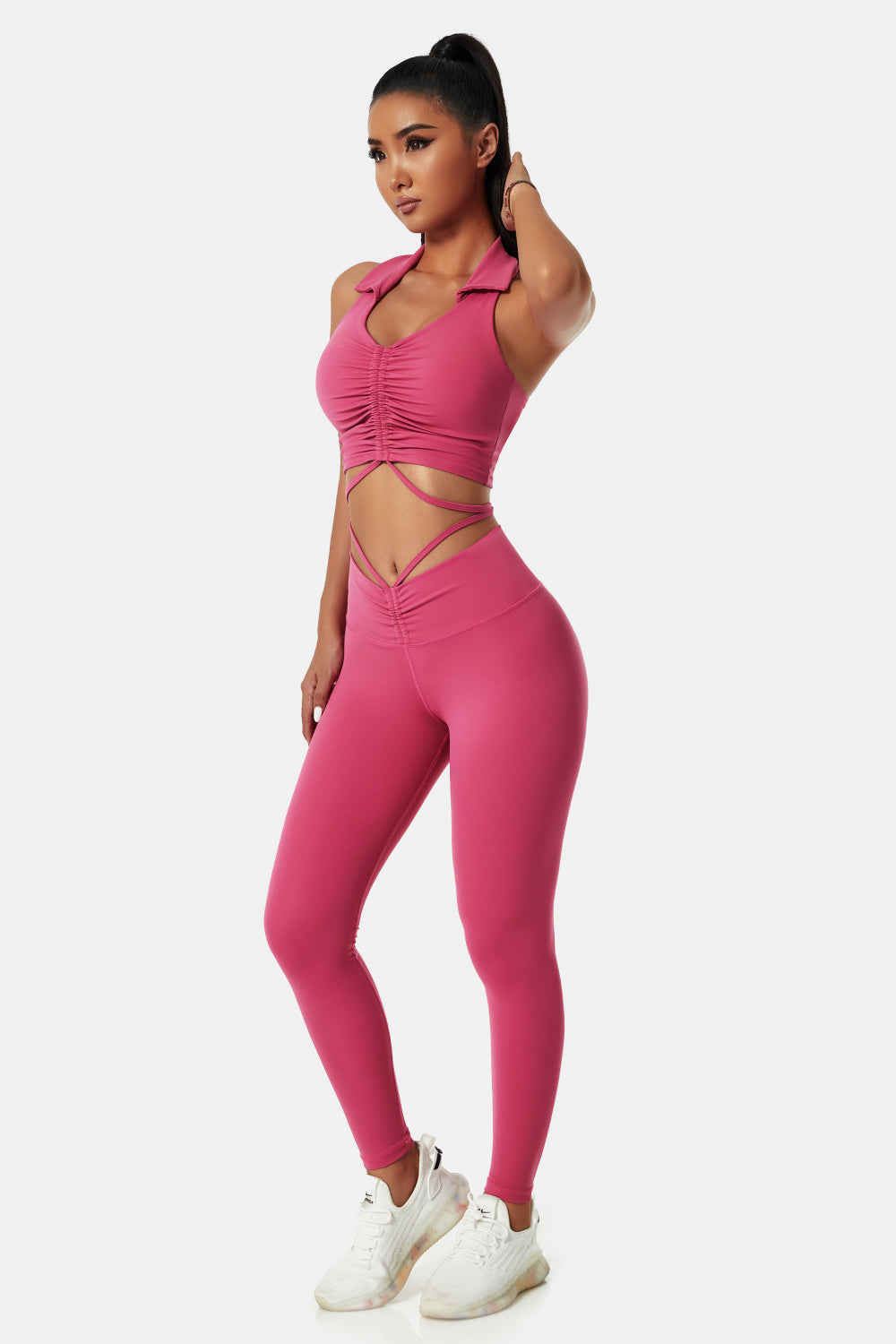 Collared Drawstring Detail Sports Bra and Leggings Set