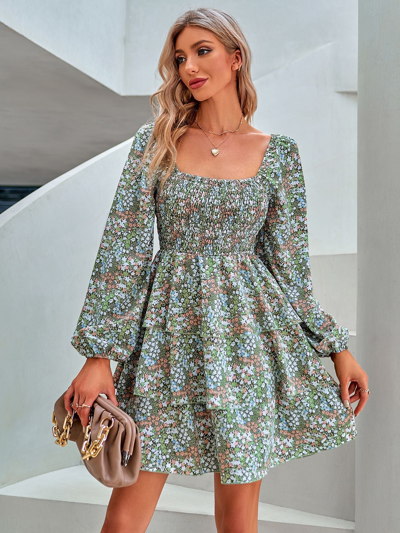 Floral Square Neck Smocked Layered Dress