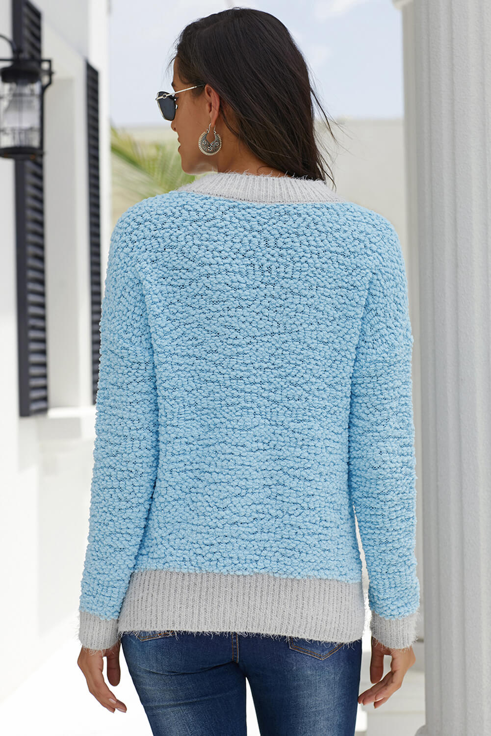 Contrast Trim Popcorn Knit Sweater