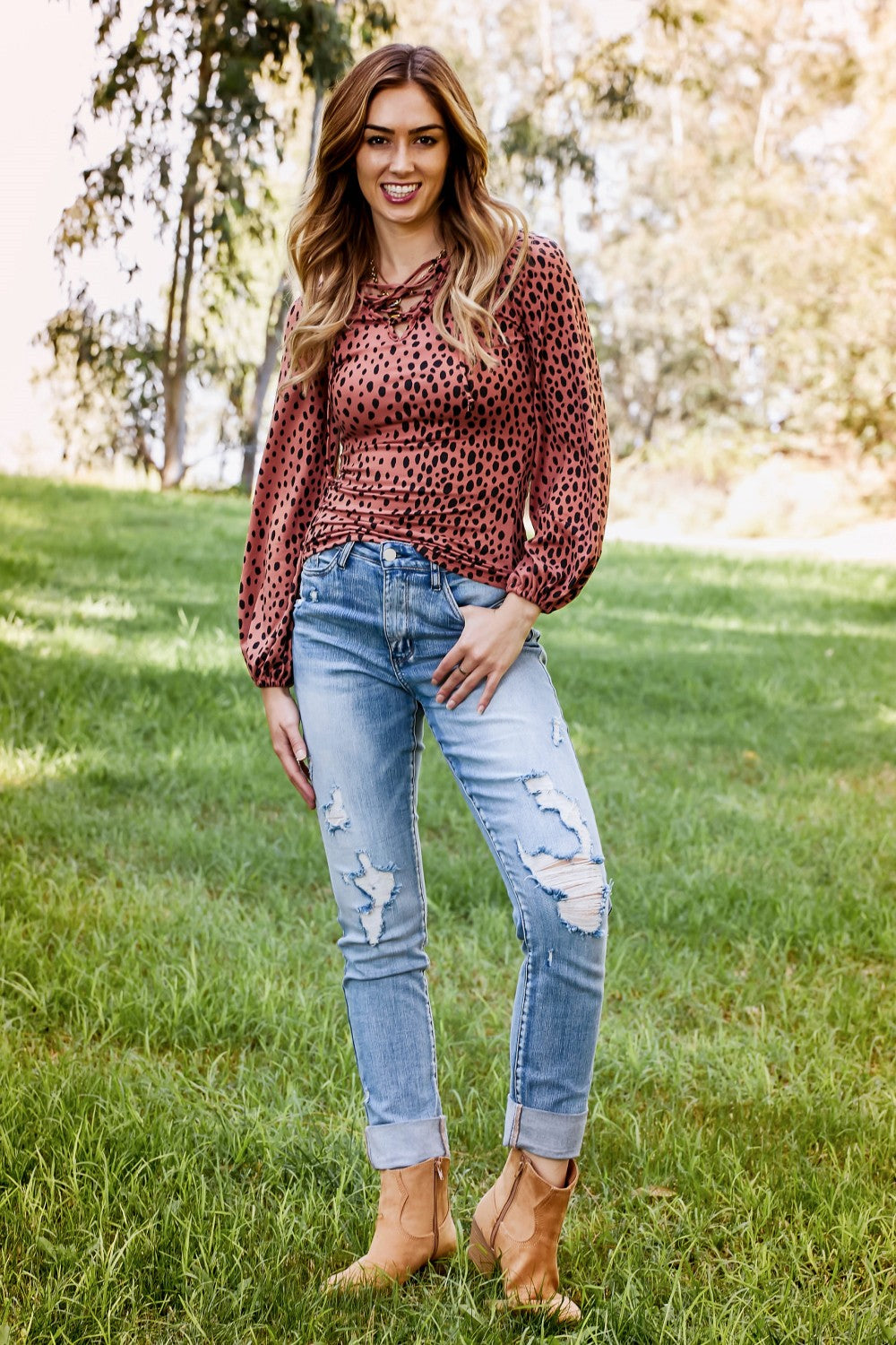 Sugarfox Wild Living Full Size Leopard Lace-Up Top