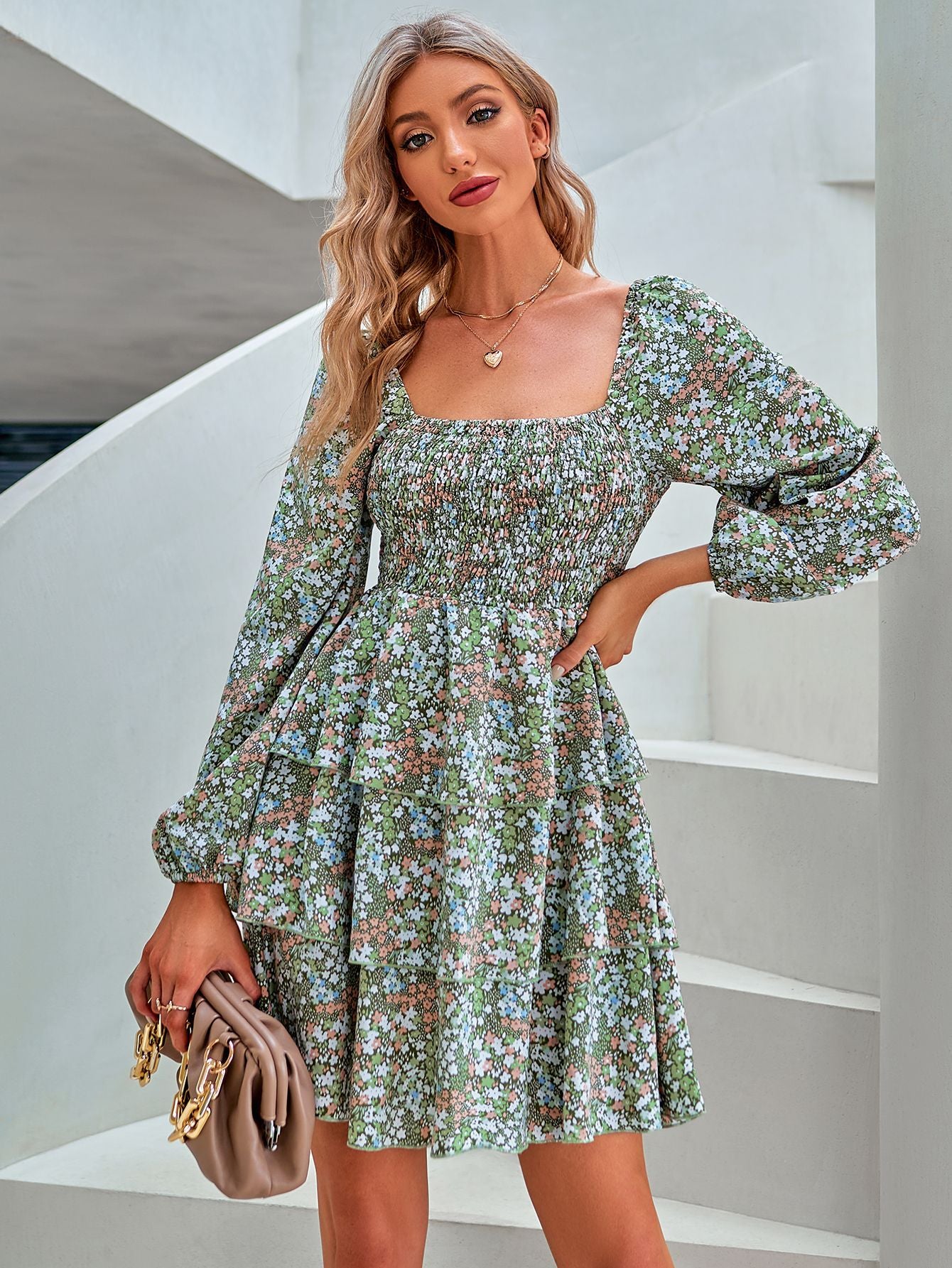 Floral Square Neck Smocked Layered Dress