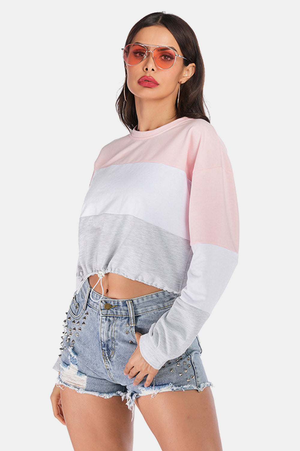 Full Size Color Block Drawstring Hem Cropped Sweatshirt