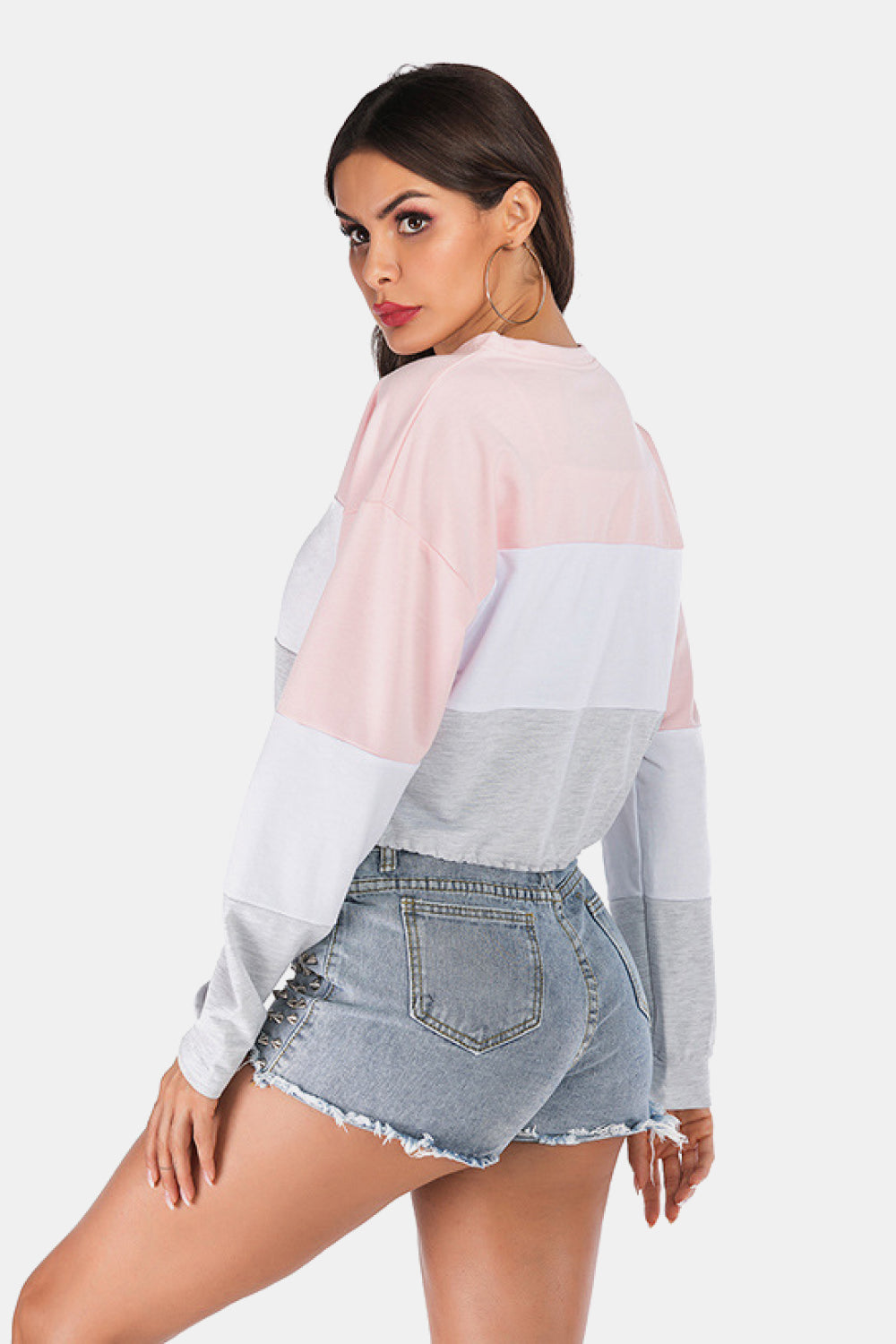 Full Size Color Block Drawstring Hem Cropped Sweatshirt