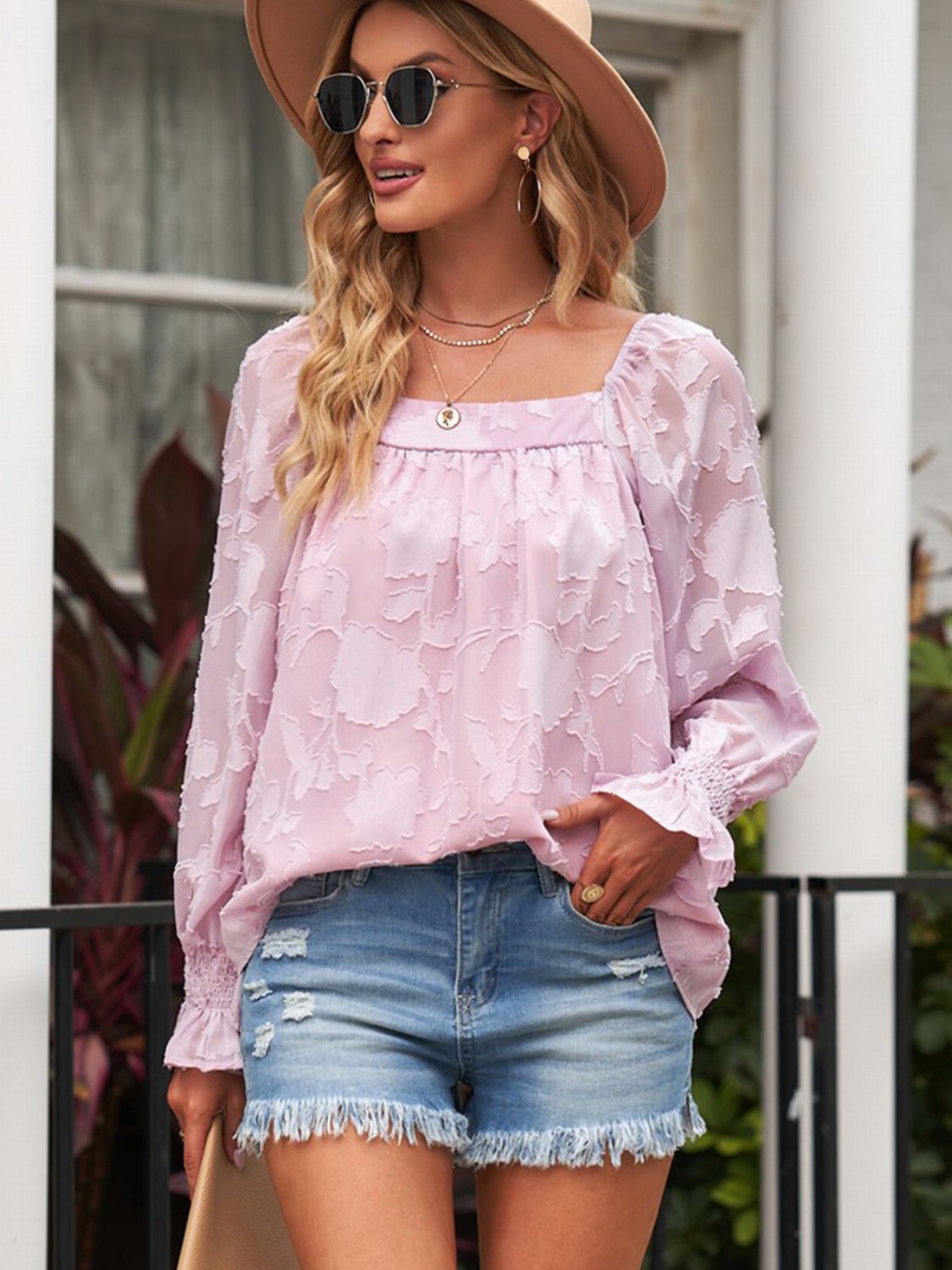 Applique Square Neck Flounce Sleeve Blouse