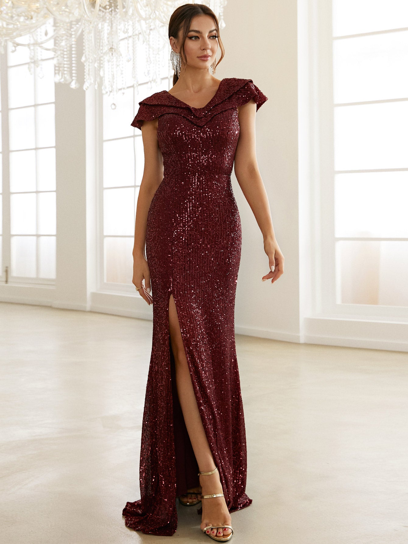 Sequin Capped Sleeve Split Dress