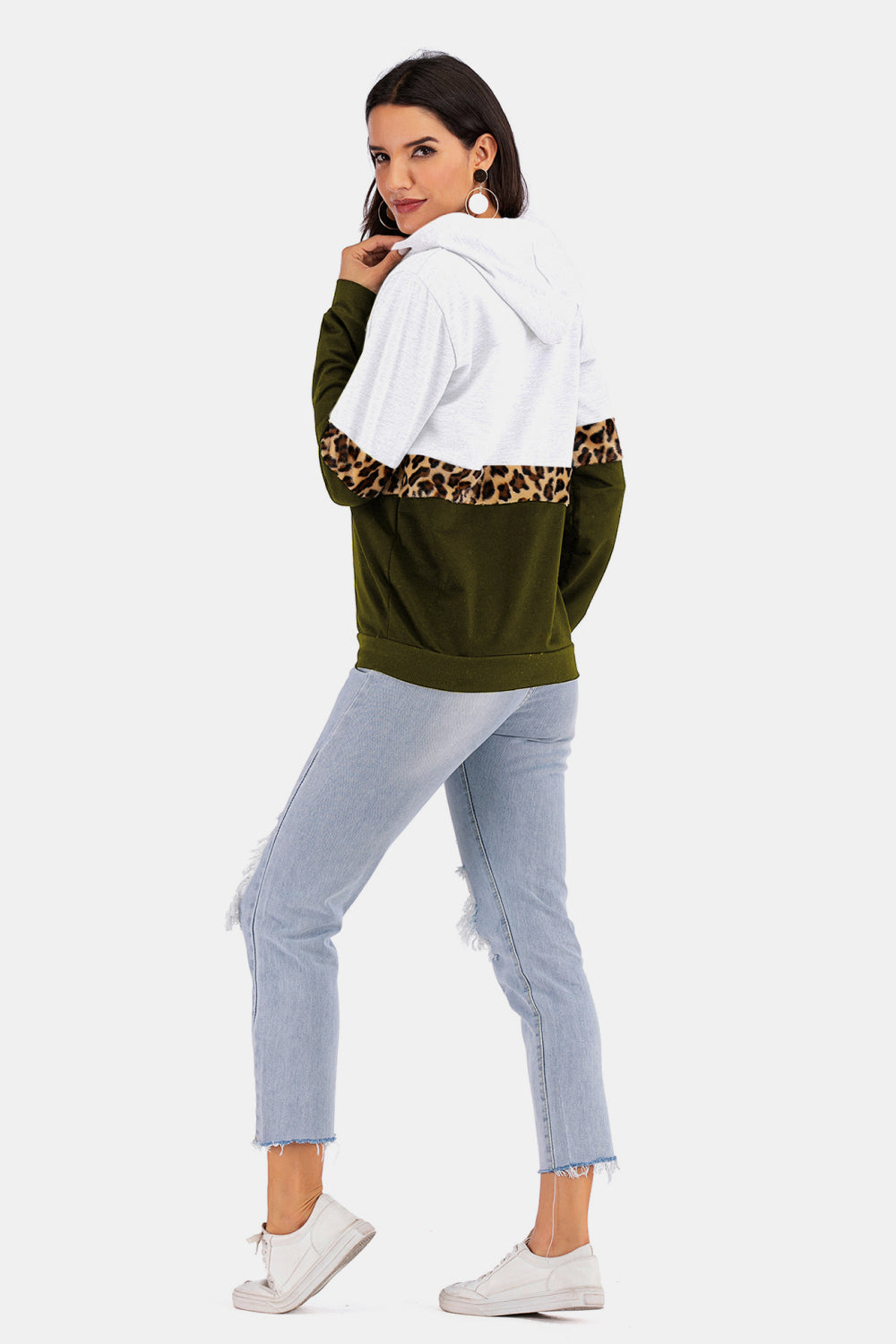Color Block Leopard Print Drawstring Hoodie