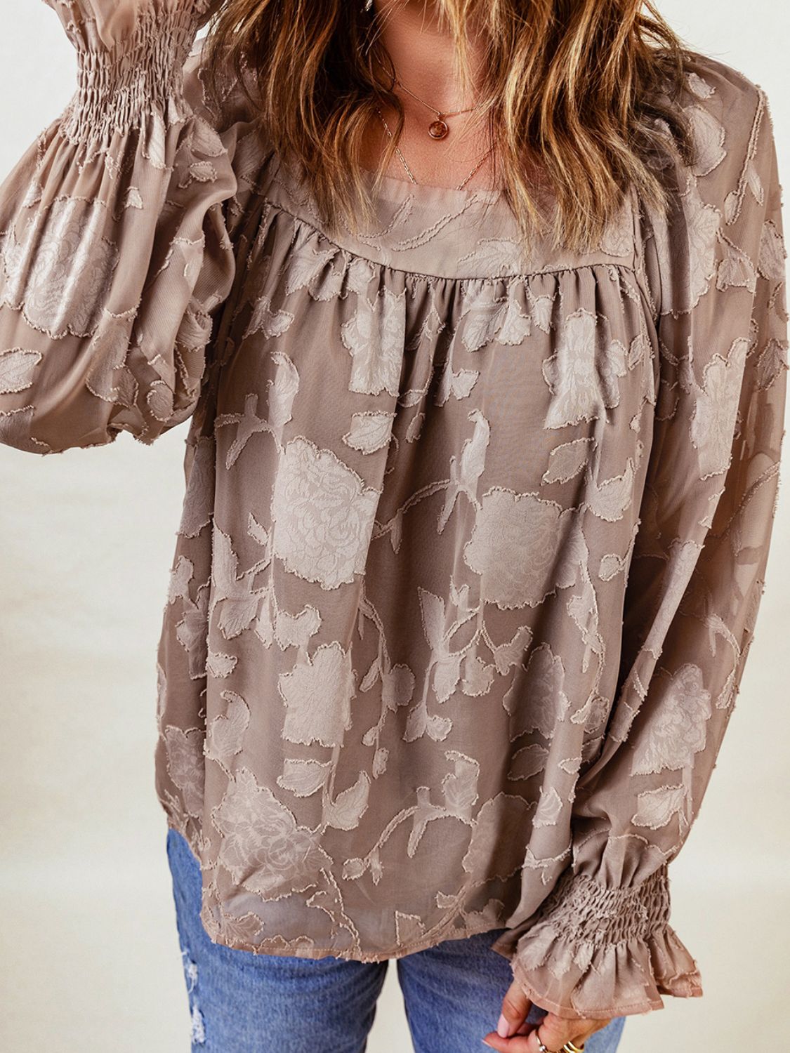 Applique Square Neck Flounce Sleeve Blouse
