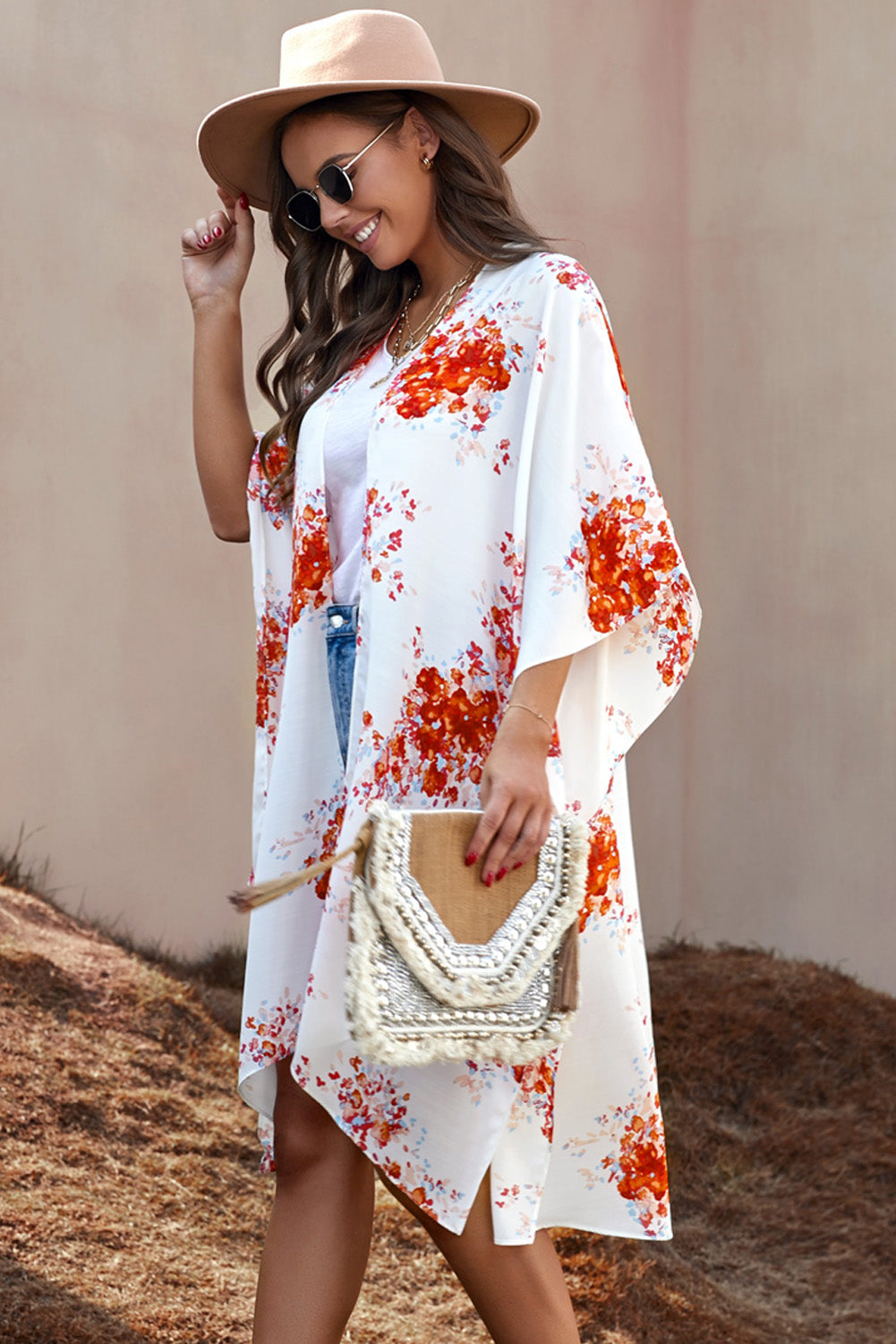 Floral Print Chiffon Kimono