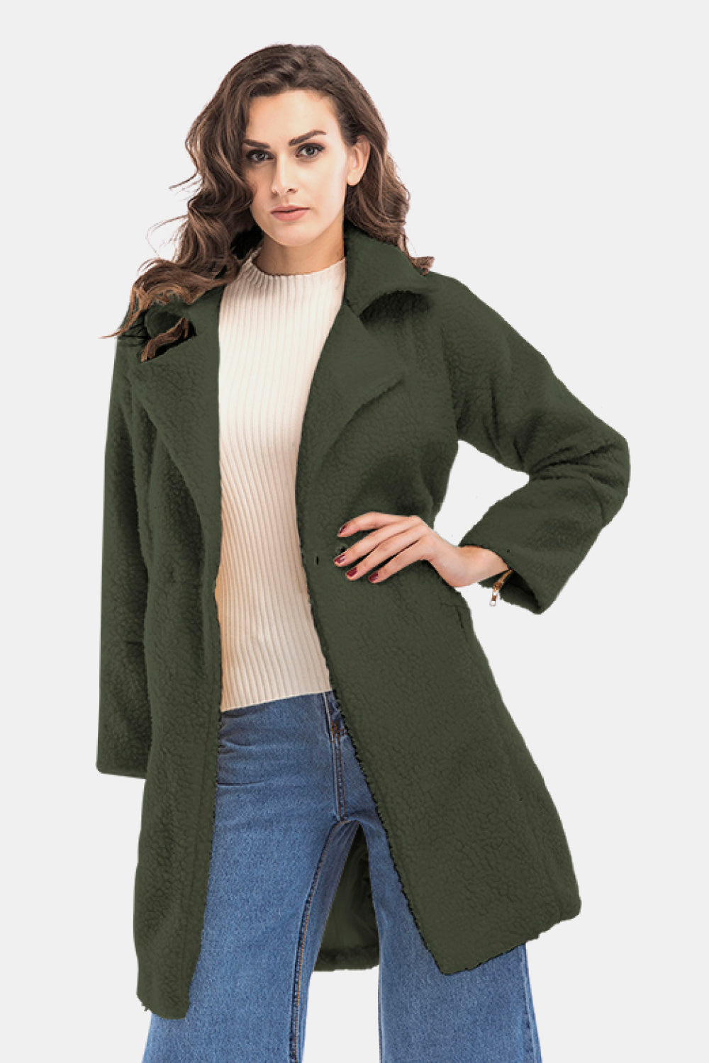 Lapel Collar Zipper Cuff Sherpa Coat