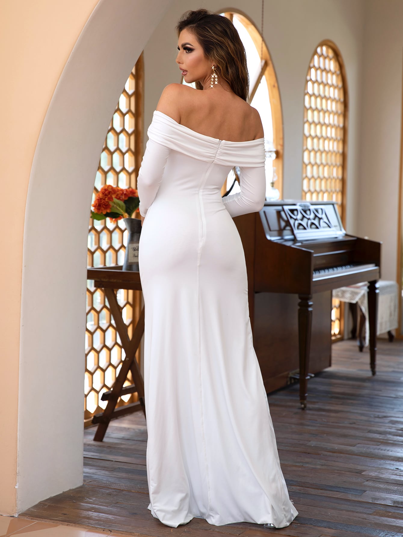 Off-Shoulder Ruched Split Floor-Length Dress