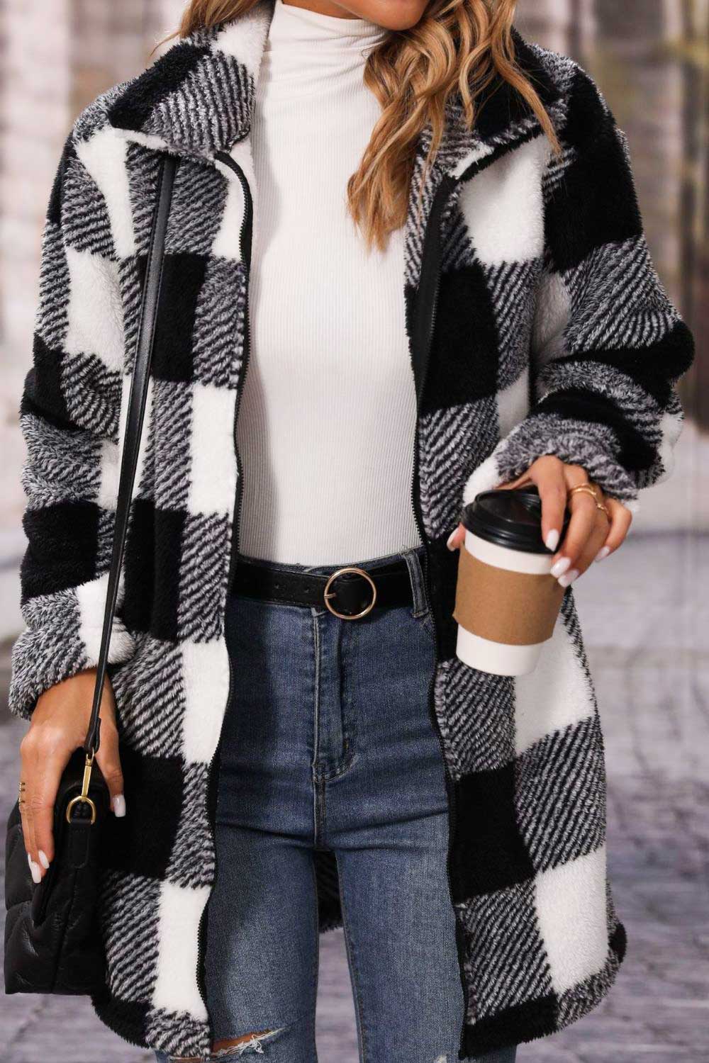 Plaid Zip Up Fleece Longline Jacket