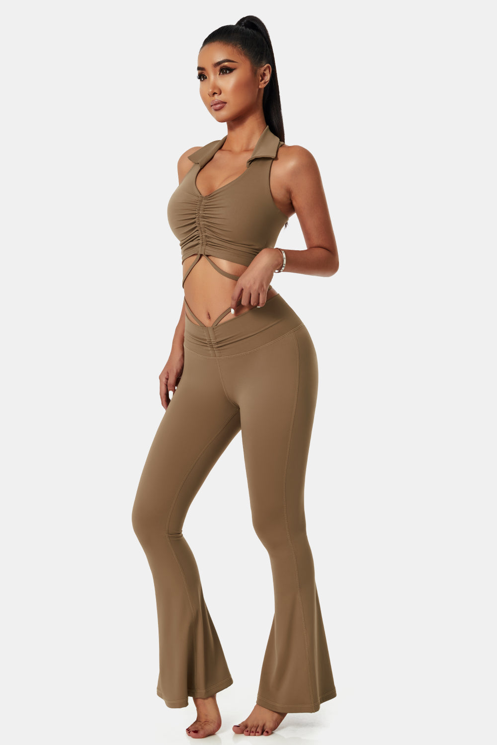 Collared Sports Bra and Flare Yoga Pants Set