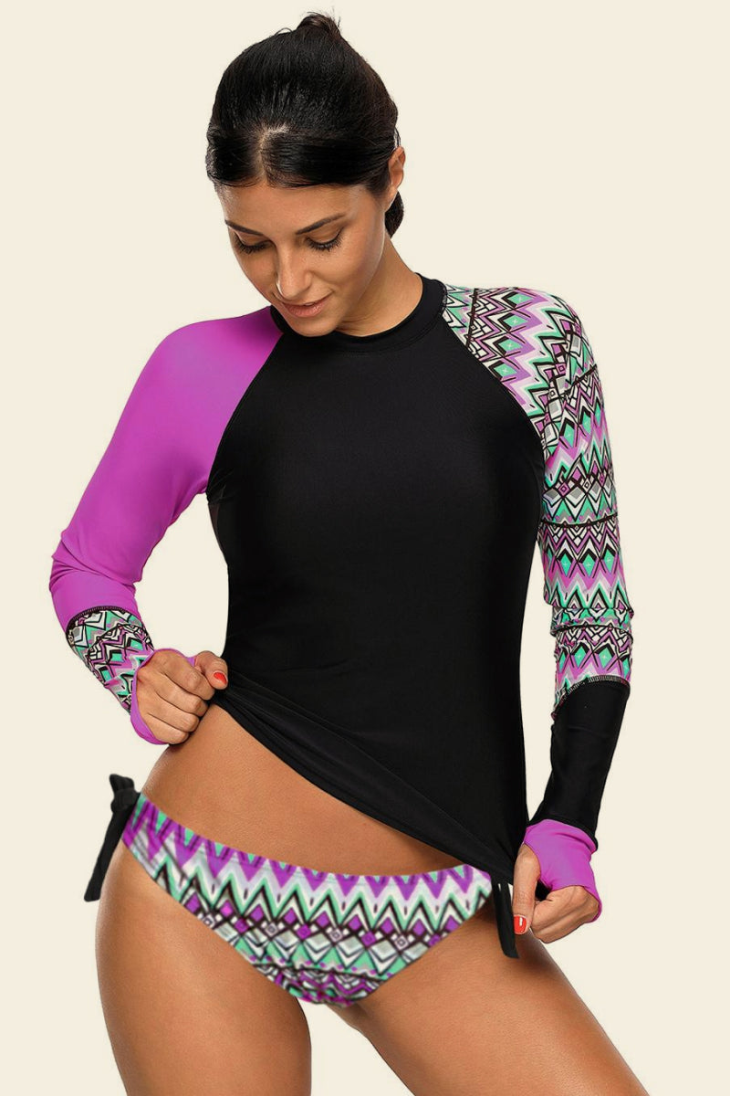 Contrast Detail Long Sleeve Tankini Set