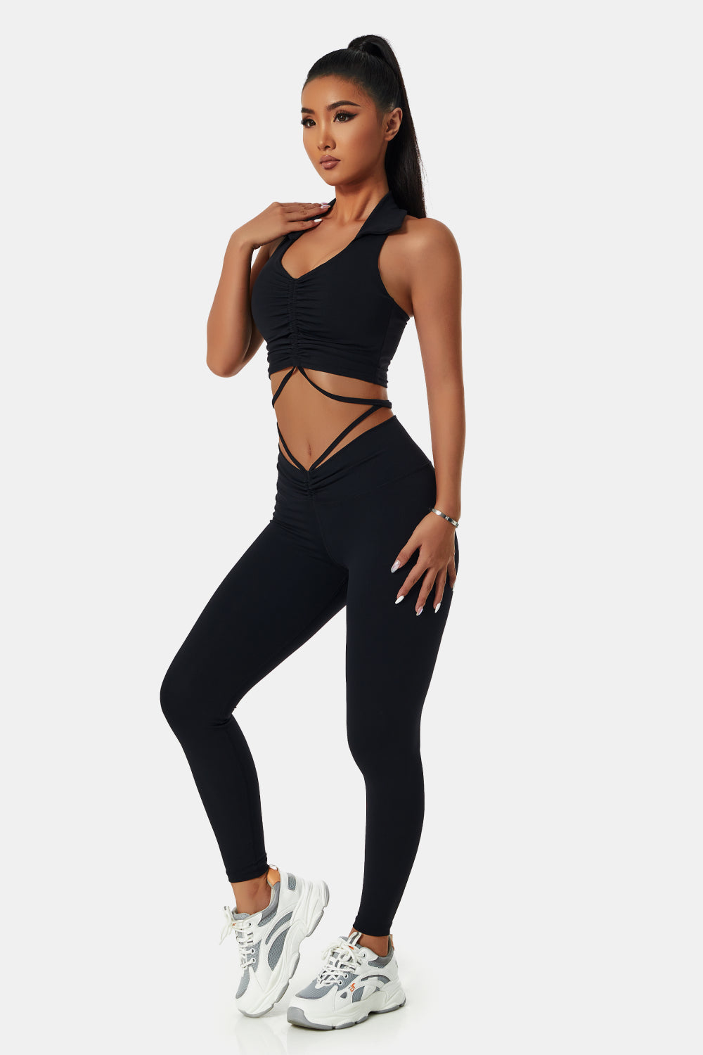 Collared Drawstring Detail Sports Bra and Leggings Set